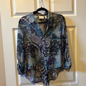 Chico's Blue and Purple Patterned Blouse